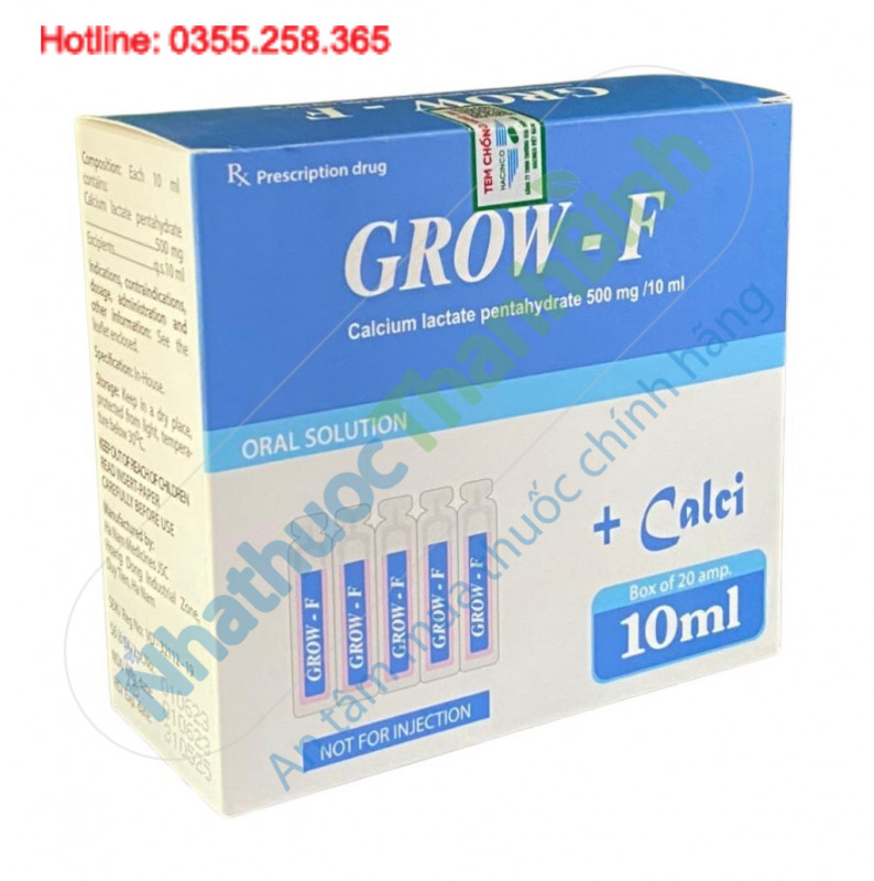 Dung dịch uống Grow F chứa Calci lactat pentahydrat 500mg Dễ uống, dễ hấp thu cho trẻ em và người lớn