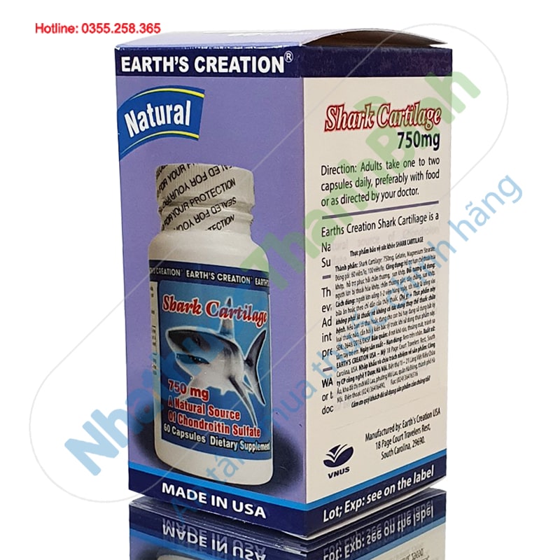 Viên uống Shark Cartilage 750mg Earth's Creation Natural lọ 60 viên chính hãng
