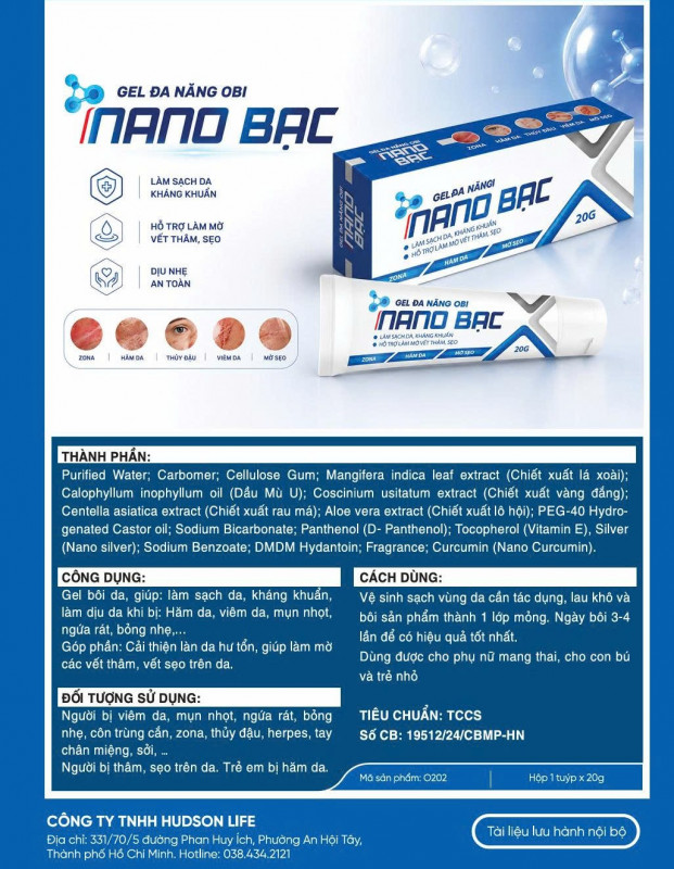 Gel OBI Nano Bạc với Nano Silver, Nano Curcumin hỗ trợ chăm sóc da và làm mờ vết thâm, sẹo