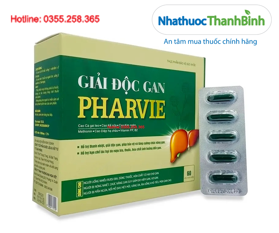 Thành phần viên giải độc gan Pharvie gồm Cà gai leo, Kế sữa, Kim ngân và Diệp hạ châu