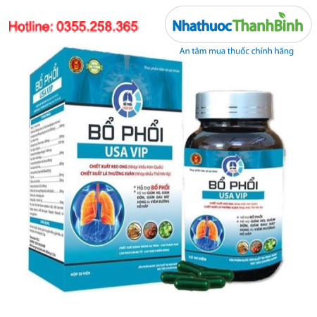 Bổ Phổi USA VIP Hỗ trợ giảm ho, giảm đờm, dịu đau rát họng (Hộp 30 viên)
