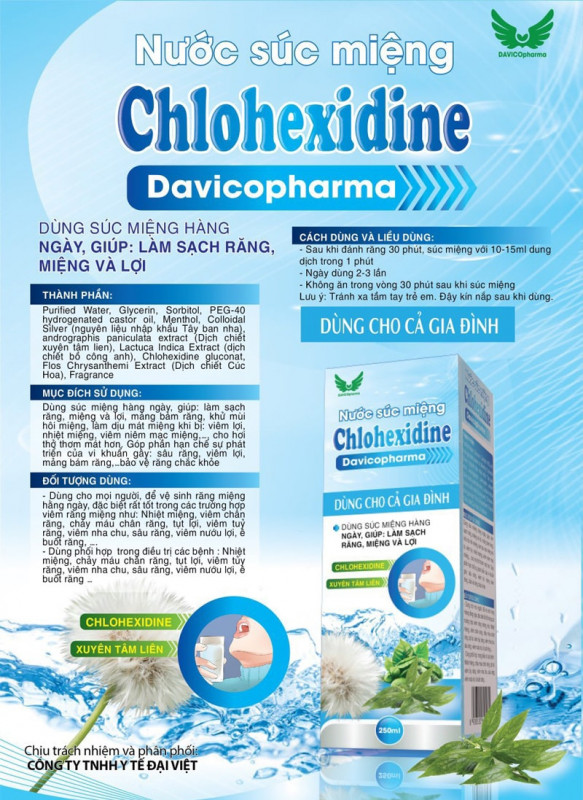 Nước súc miệng Chlohexidine Davicopharma tốt cho người bị nhệt miệng chảy máu chân răng tụt lợi