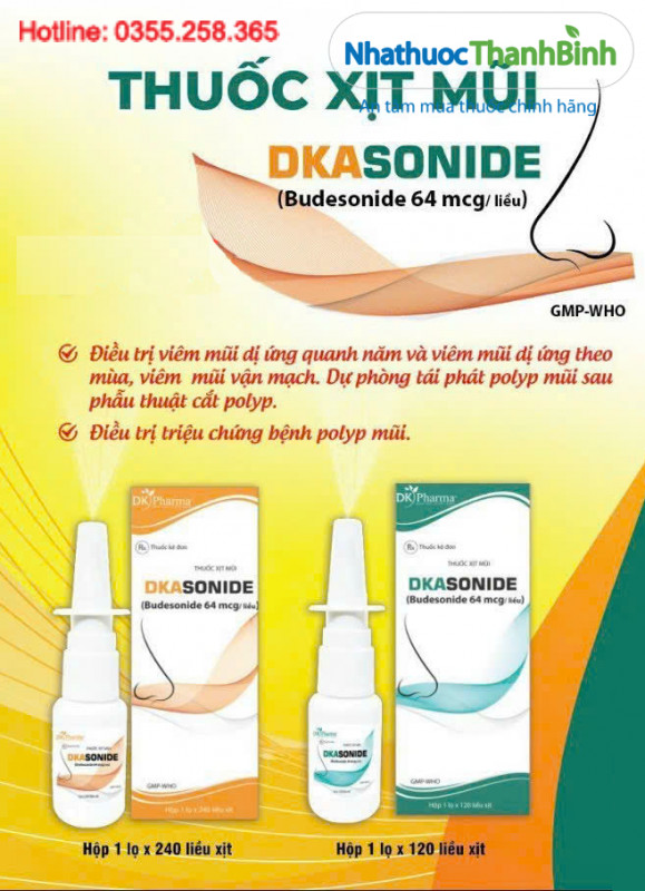 Thuốc xịt mũi Dkasonide (Budesonide 64 mcg) giảm viêm mũi dị ứng nghẹt mũi và hỗ trợ điều trị polyp mũi hiệu quả