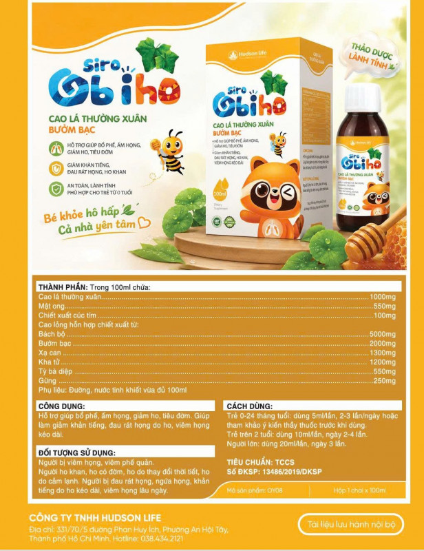 Siro Obiho với thành phần thảo dược như lá thường xuân, Bách bộ, Xạ can, Kha tử và Tỳ bà diệp, hỗ trợ giảm ho và tiêu đờm hiệu quả