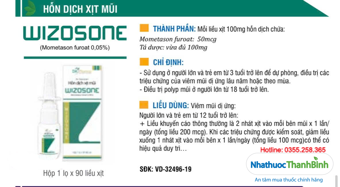 Thuốc xịt mũi Wizosone Mometason furoat 0,05% điều trị viêm mũi dị ứng và polyp mũi