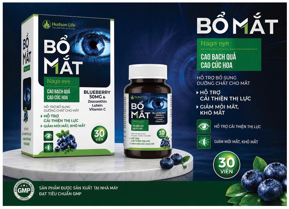Bổ Mắt Naga Eye Hudson Life 30 viên bổ sung lutein, zeaxanthin, DHA cùng nhiều vitamin và dưỡng chất, hỗ trợ chăm sóc sức khỏe mắt