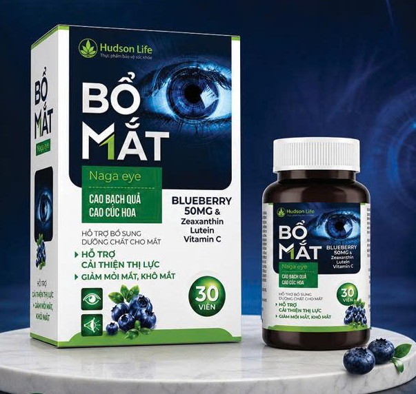 Thành phần Bổ Mắt Naga Eye Hudson Life kết hợp cao việt quất, cao bạch quả, lutein, zeaxanthin, DHA, vitamin A, C, E và kẽm