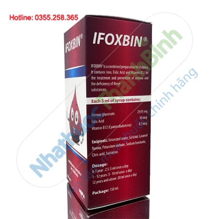 ifoxbin chai 150ml bổ sung sắt axit folic hỗ trợ các trường hợp thiếu máu do thiếu sắt