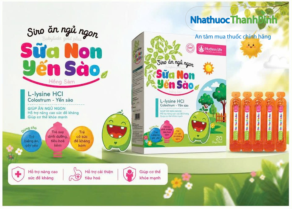 Thành phần Siro Ăn Ngủ Ngon Sữa Non Yến Sào Hudson Life gồm sữa non, yến sào, L-Lysine, FOS cùng vitamin và khoáng chất