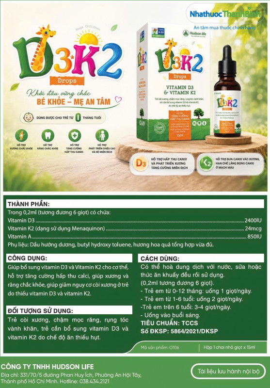 Thành phần D3 K2 Drops Hudson Life gồm vitamin D3, vitamin K2 và vitamin A