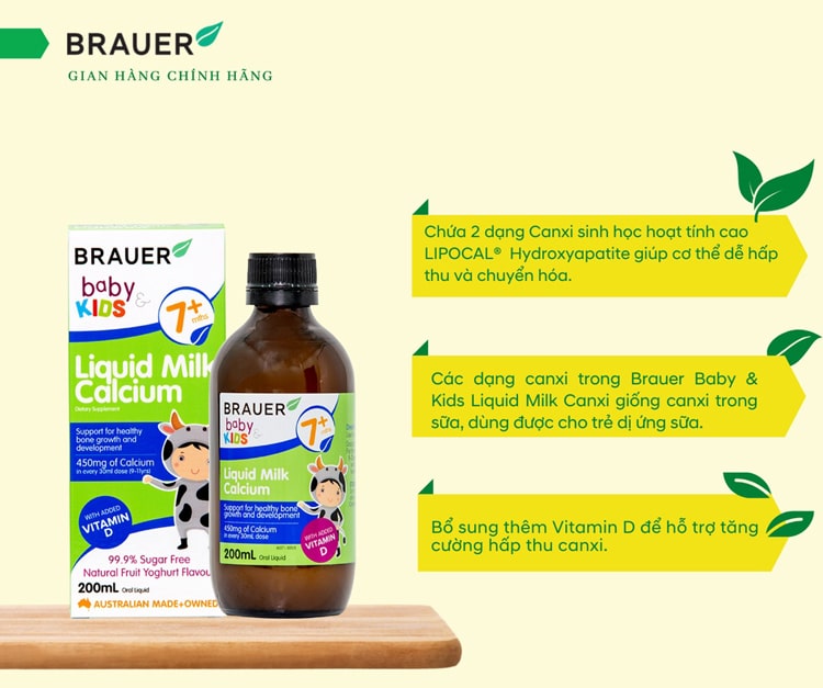 Brauer Liquid Milk Calcium bổ sung canxi và vitamin D cho trẻ từ 7 tháng tuổi