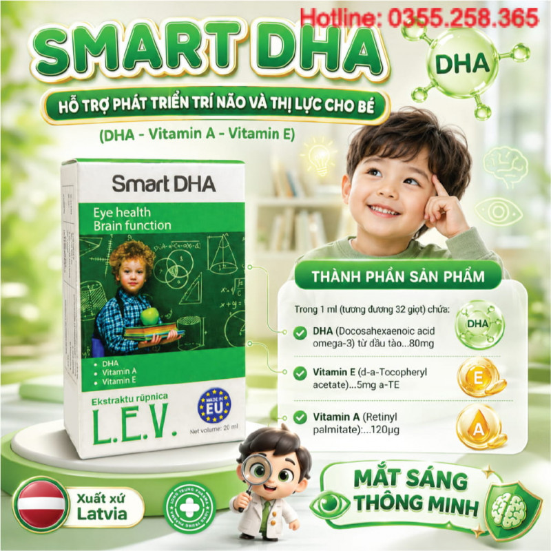 Smart DHA 20ml dạng dung dịch tiện lợi, cung cấp 80mg DHA trong mỗi 1ml