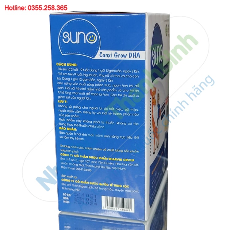 Canxi Grow DHA Suno hộp 20 gói hỗ trợ bổ sung canxi cho cơ thể