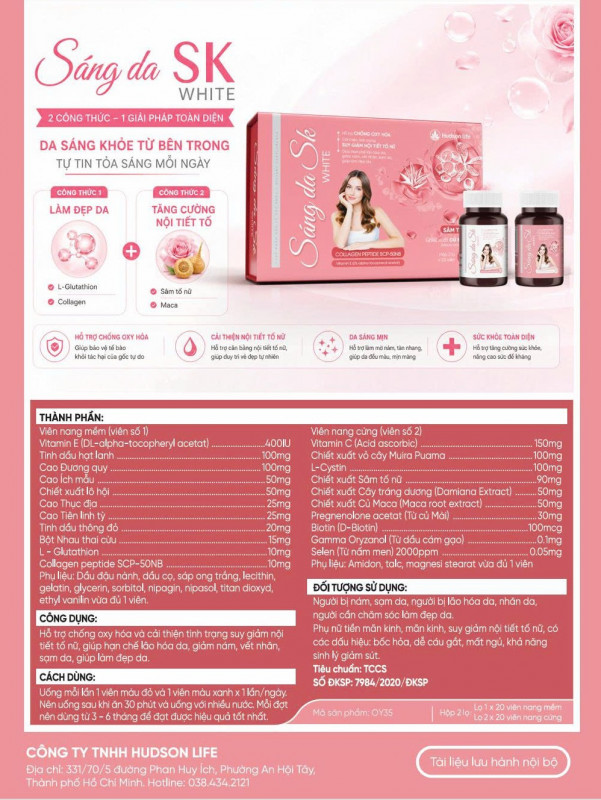 Thành phần Sáng da SK White kết hợp vitamin C, vitamin E, glutathione và collagen peptide