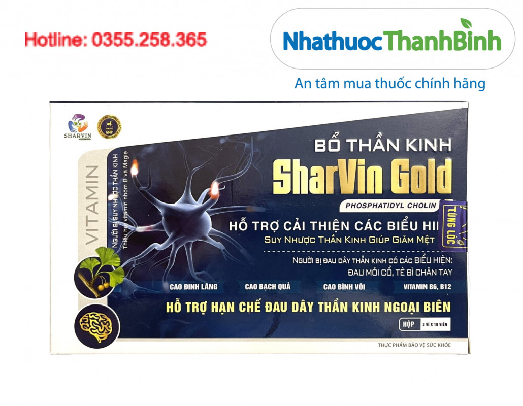 Bổ Thần Kinh Sharvin Gold hộp 30 viên hỗ trợ chăm sóc sức khỏe hệ thần kinh