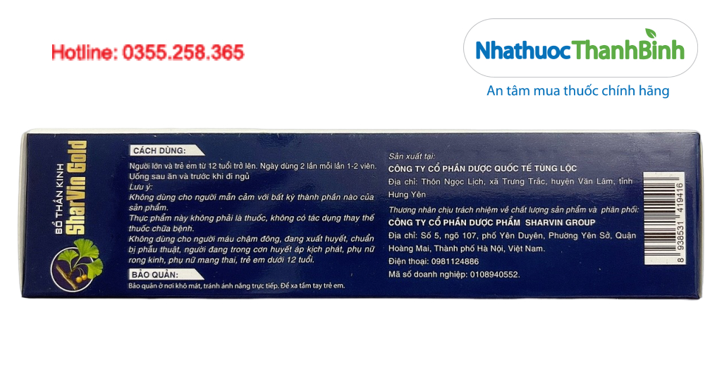 Bổ Thần Kinh Sharvin Gold bổ sung Ginkgo biloba 80 mg và DHA 50 mg vitamin B1, B6, B12 cùng các khoáng chất thiết yếu