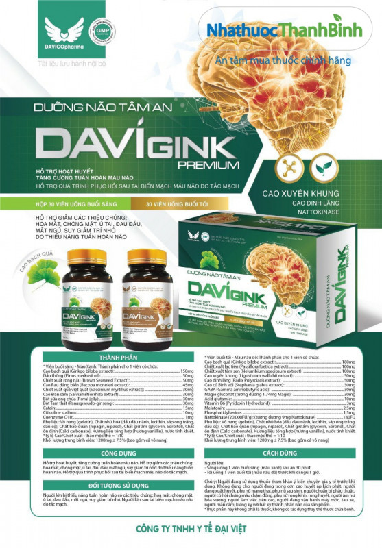 Dưỡng não tâm an Davigink Premium hỗ trợ hoạt huyết phục hồi sau tai biến mạch máu não do tắc mạch