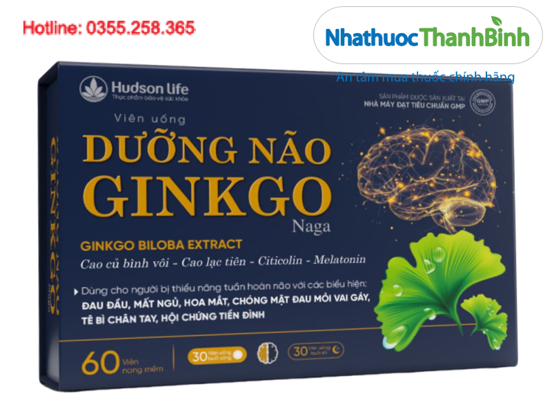Viên Uống Dưỡng Não Ginkgo Naga hộp 60 viên, gồm 30 viên màu xanh dùng buổi sáng và 30 viên màu đỏ dùng buổi tối