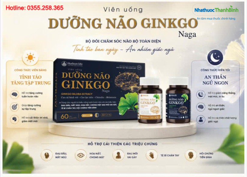 Viên Uống Dưỡng Não Ginkgo Naga với công thức cao bạch quả Ginkgo Biloba hỗ trợ hoạt huyết và tăng cường lưu thông máu não