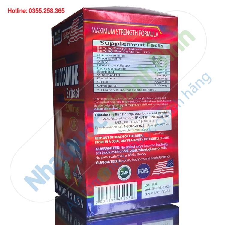 Viên uống bổ khớp của Mỹ Glucosamine Extract 3200mg hộp 100 viên