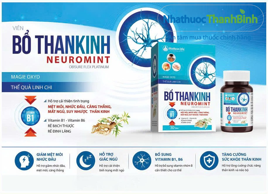 Viên bổ thần kinh Neuromint Hudson Life hỗ trợ cải thiện mệt mỏi, nhức đầu, căng thẳng và mất ngủ ở người trưởng thành