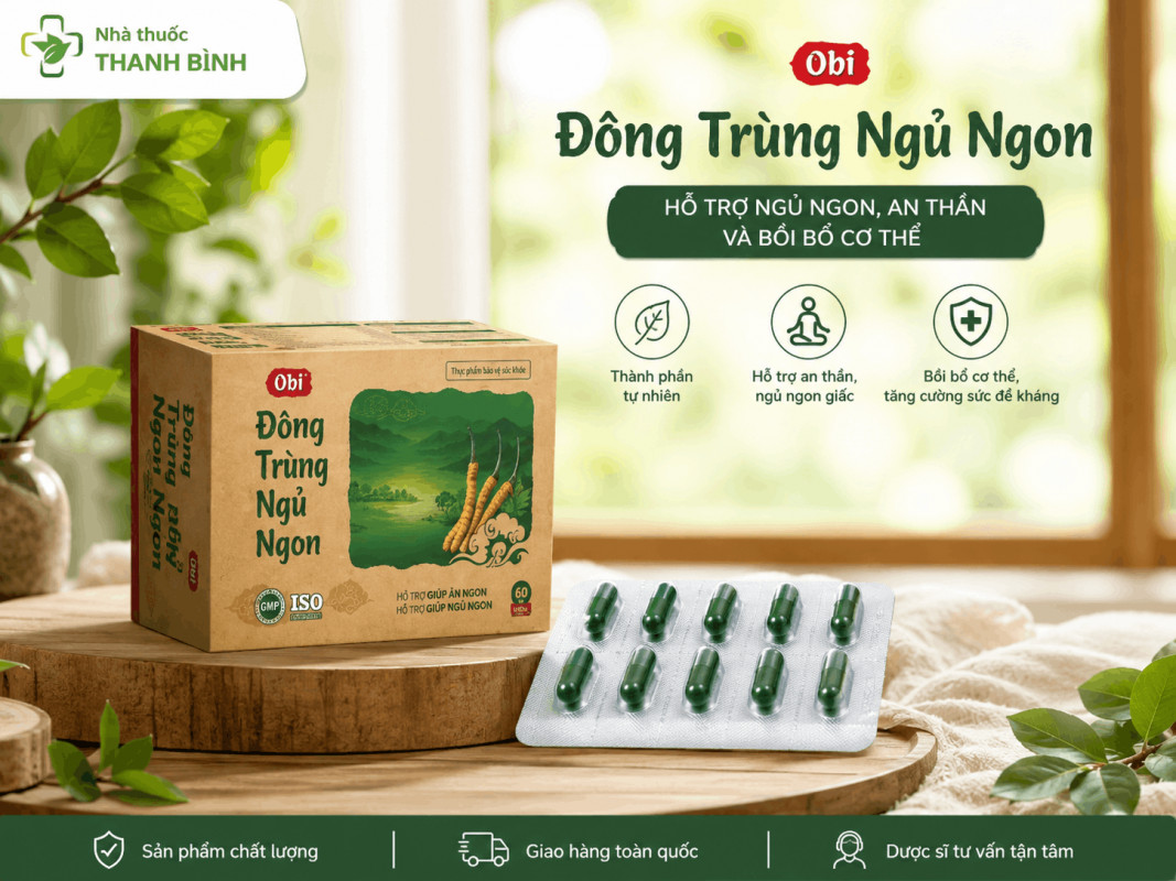 Thành phần Obi Đông Trùng Ngủ Ngon gồm Melatonin 2,5mg, cao tâm sen, cao củ bình vôi, cao lạc tiên, đông trùng hạ thảo và vitamin B1