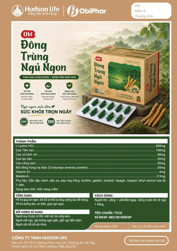 Cách dùng Obi Đông Trùng Ngủ Ngon: Người lớn uống 1 viên mỗi ngày, trước khi đi ngủ khoảng 1 giờ để hỗ trợ dưỡng tâm, an thần và giúp ngủ ngon