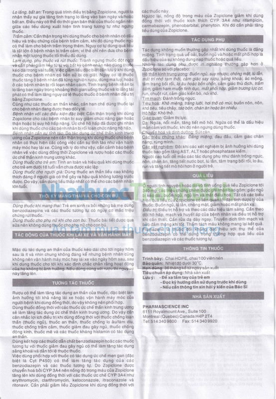 Tờ hướng dẫn sử dụng thuốc Phamzopic 7.5mg tờ 2