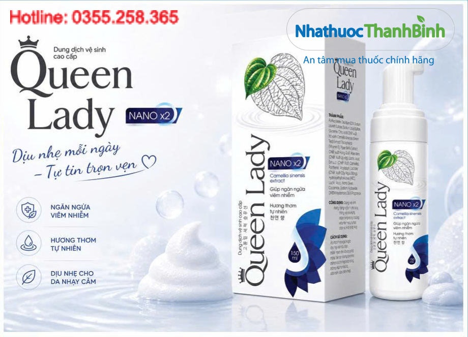 Dung dịch vệ sinh phụ nữ Queen Lady Nano X2 150ml chăm sóc vùng kín hằng ngày