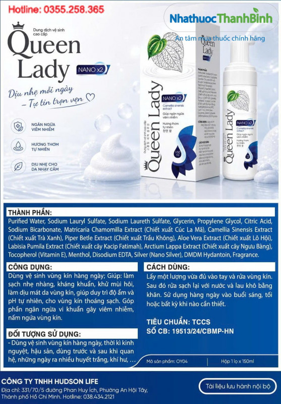 Thành phần Dung dịch vệ sinh phụ nữ Queen Lady Nano X2 với Nano Silver và chiết xuất thực vật