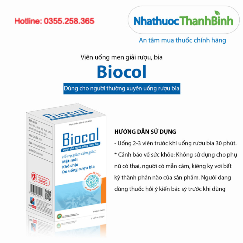 Hướng dẫn sử dụng Biocol: uống 2–3 viên trước khi uống rượu khoảng 30 phút