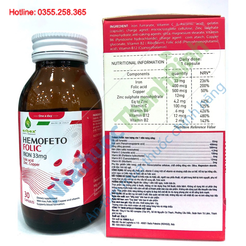 Hemofeto Folic nhập khẩu từ Ý bổ sung sắt hữu cơ không gây táo bón