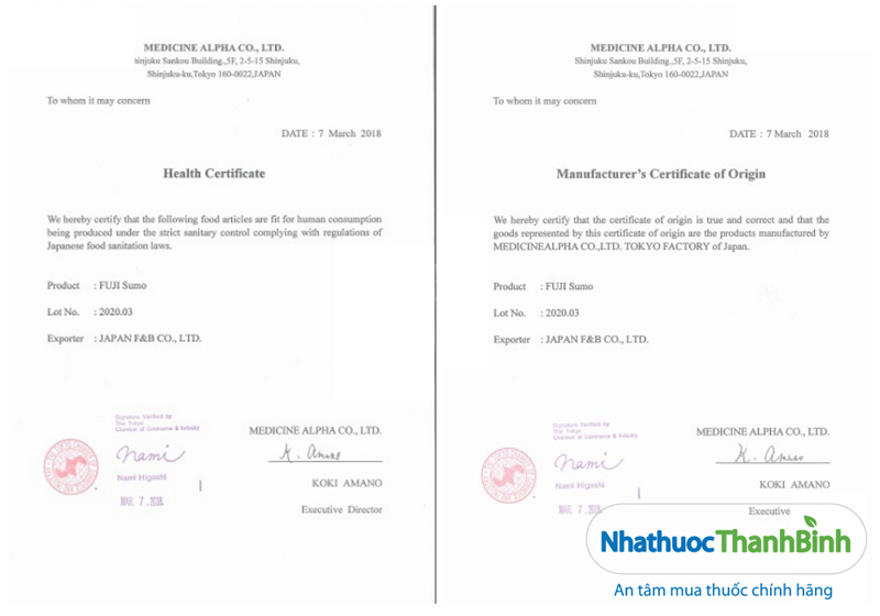 Giấy chứng nhận chất lượng của Fuji Sumo