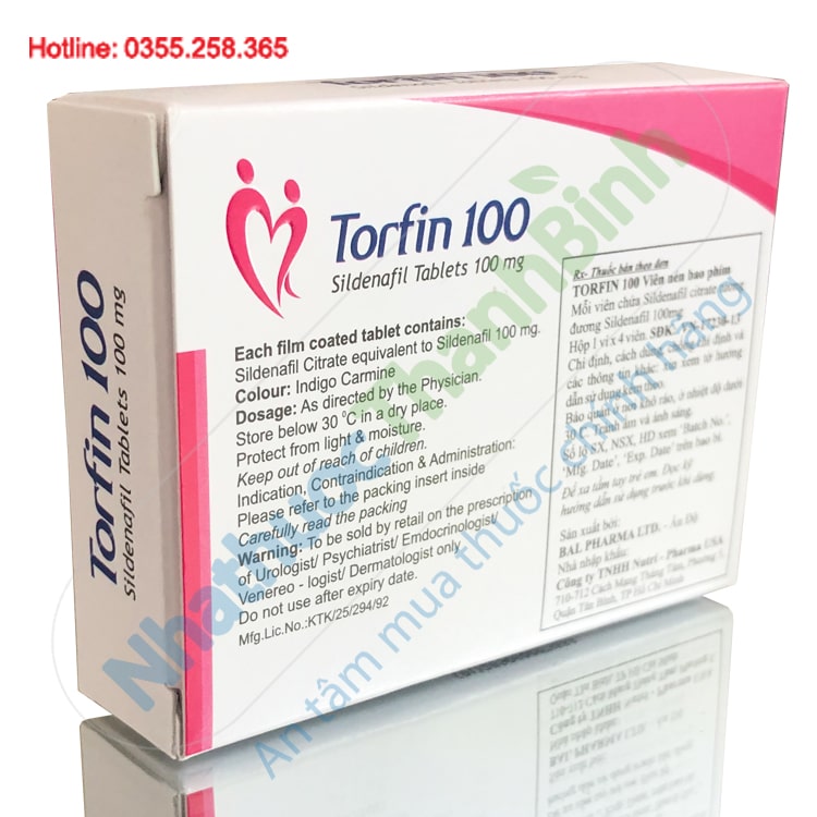 Thuốc cường dương Torfin100 vỉ 4 viên chứa hoạt chất Sildenafil 100mg