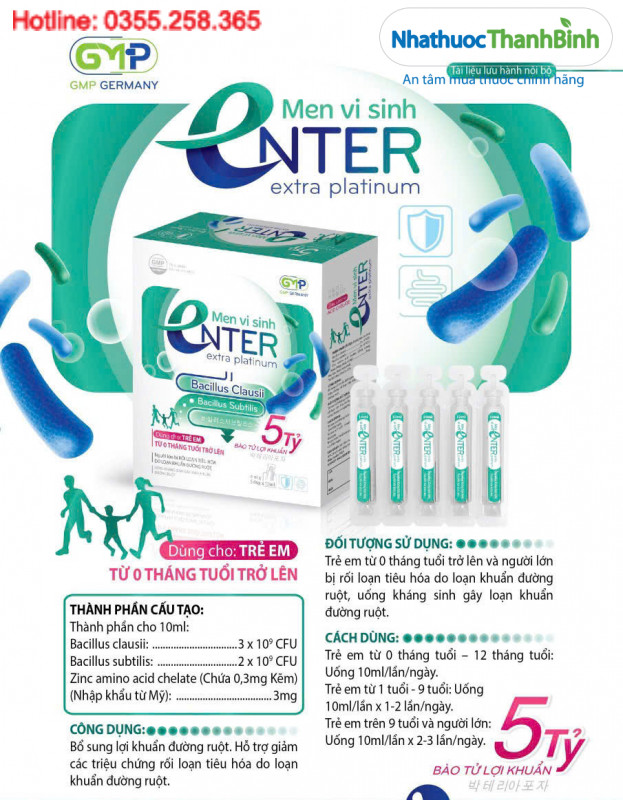 Men vi sinh Enter Extra Platinum an toàn cho trẻ sơ sinh từ 0 tháng tuổi