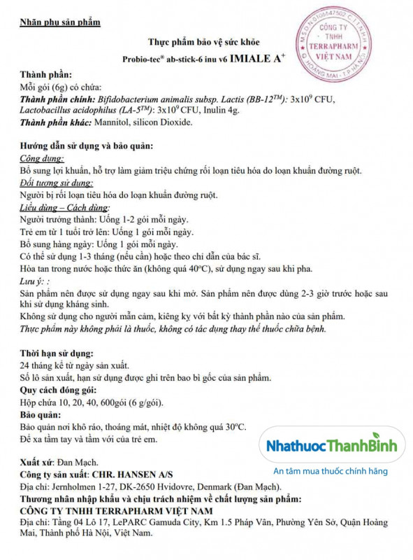 Nhãn phụ của sản phẩm Imiale A+