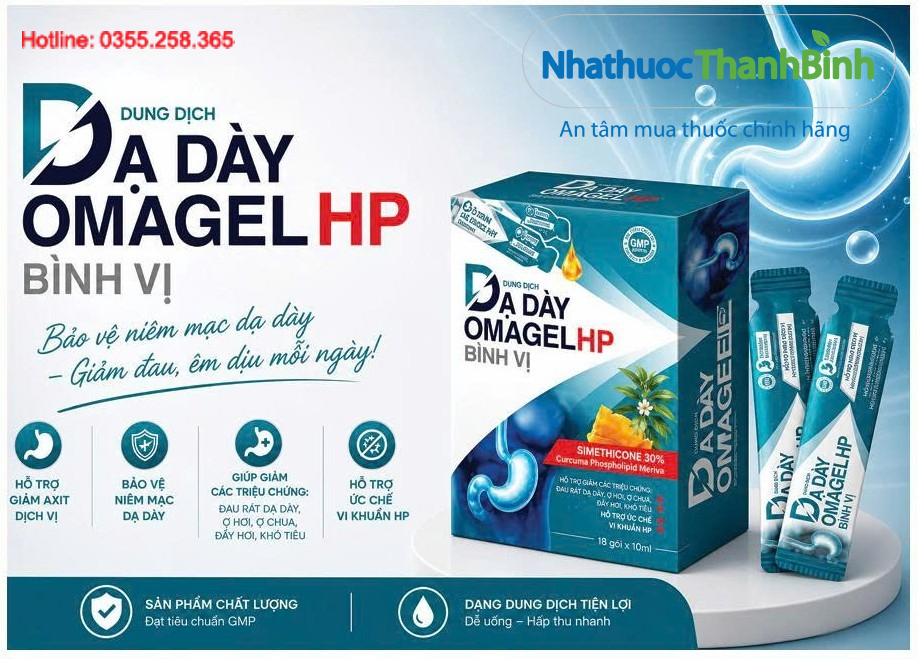 Dung dịch dạ dày Omagel HP Bình Vị hộp 18 gói x 10ml hỗ trợ chăm sóc dạ dày