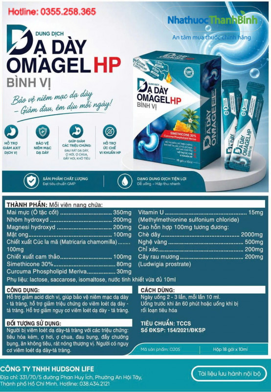 Omagel HP Bình Vị với công thức hỗ trợ giảm acid dịch vị và bảo vệ niêm mạc dạ dày