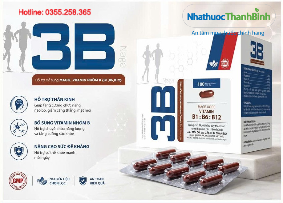 Thành phần 3B Naga gồm vitamin nhóm B, magie oxide và lysine, hỗ trợ bổ sung dưỡng chất cần thiết