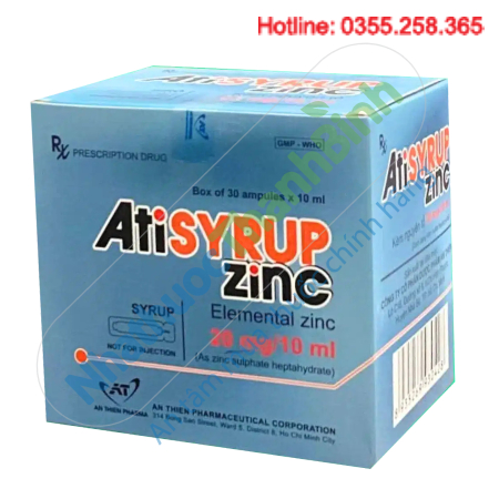 Atisyrup Zinc (30 ống x 10ml) điều trị thiếu kẽm bổ sung kẽm ở người lớn và trẻ em