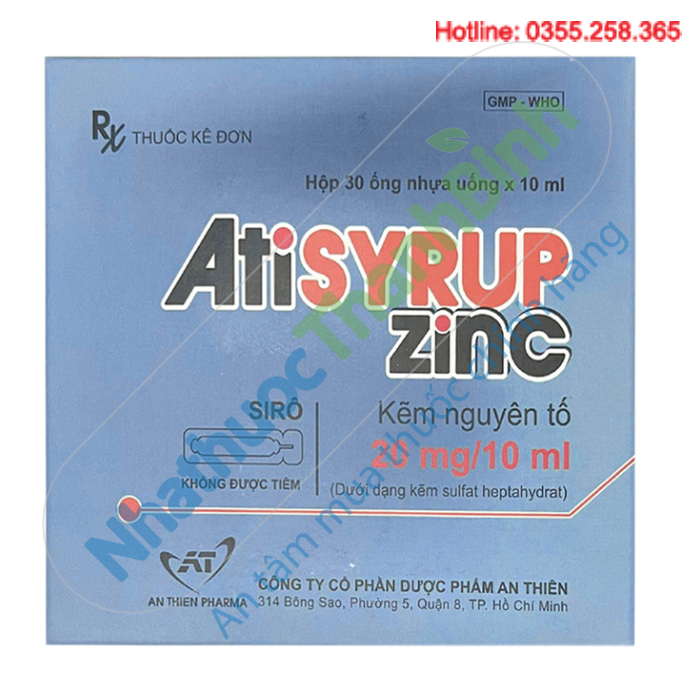 Atisyrup Zinc chứa hoạt chất kẽm nguyên tố dùng điều trị thiếu kẽm ở người lớn và trẻ em