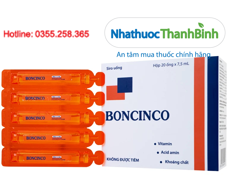 Thuốc Boncinco Hà Nam 20 ống x 7.5ml giúp bổ sung vitamin và acid amin thiết yếu cho trẻ em thanh thiếu niên và người mới ốm dậy