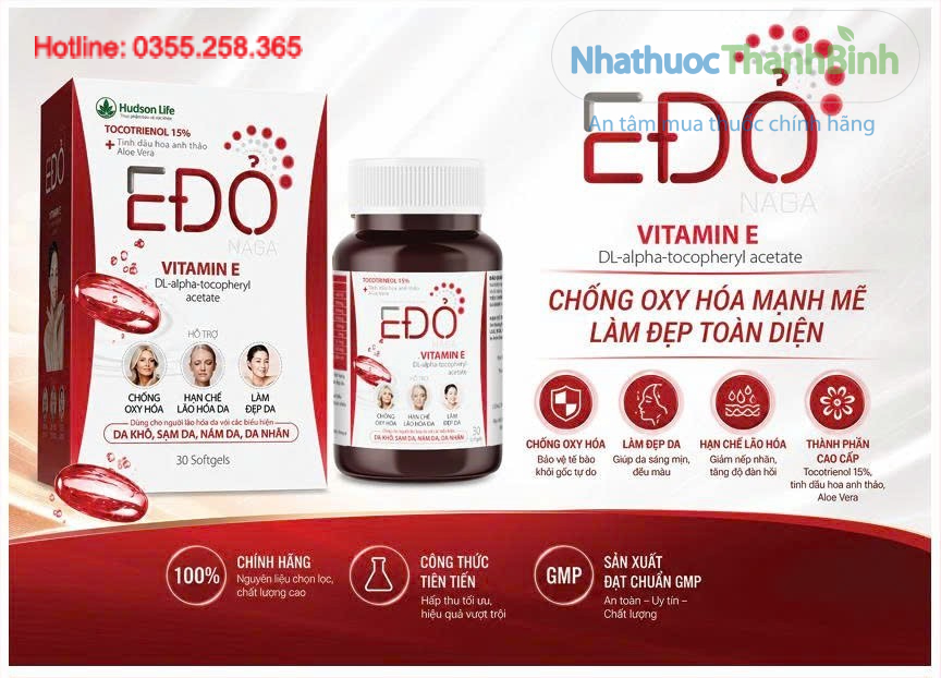 Thành phần E Đỏ Naga gồm Vitamin E 400 IU, tinh dầu thông đỏ, hoa anh thảo, lô hội, dầu gấc và tocotrienol