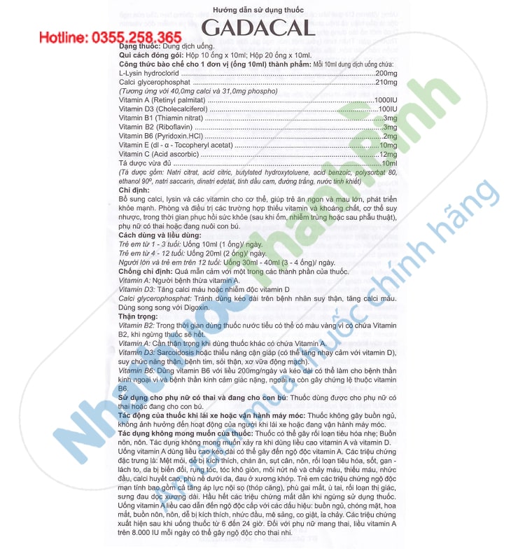 Hướng dẫn sử dụng Thuốc Gadacal tờ 1