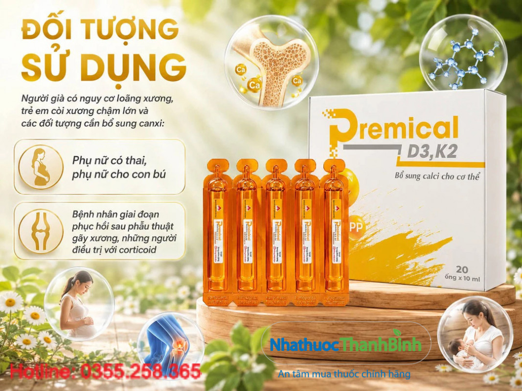 Premical D3K2 dạng siro với công thức Canxi kết hợp Vitamin D3 và K2 giúp cơ thể hấp thu Canxi hiệu quả